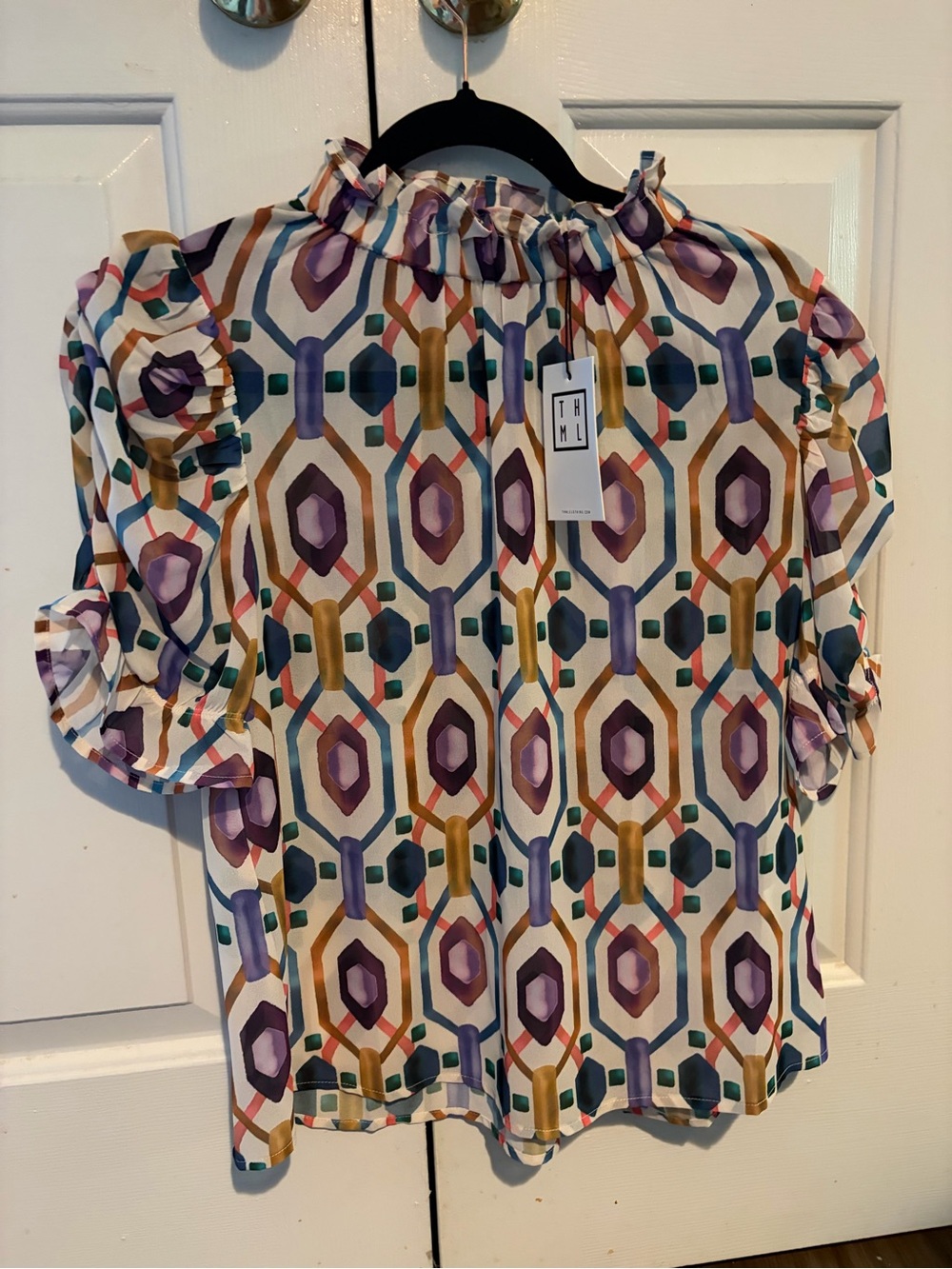 THML Geometric Ruffle Neck Blouse - Purple, Gold, Teal - Picture 4 of 7